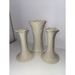 7” LENOX Woodland Ivory Ceramic Candlestick Holders And Vase